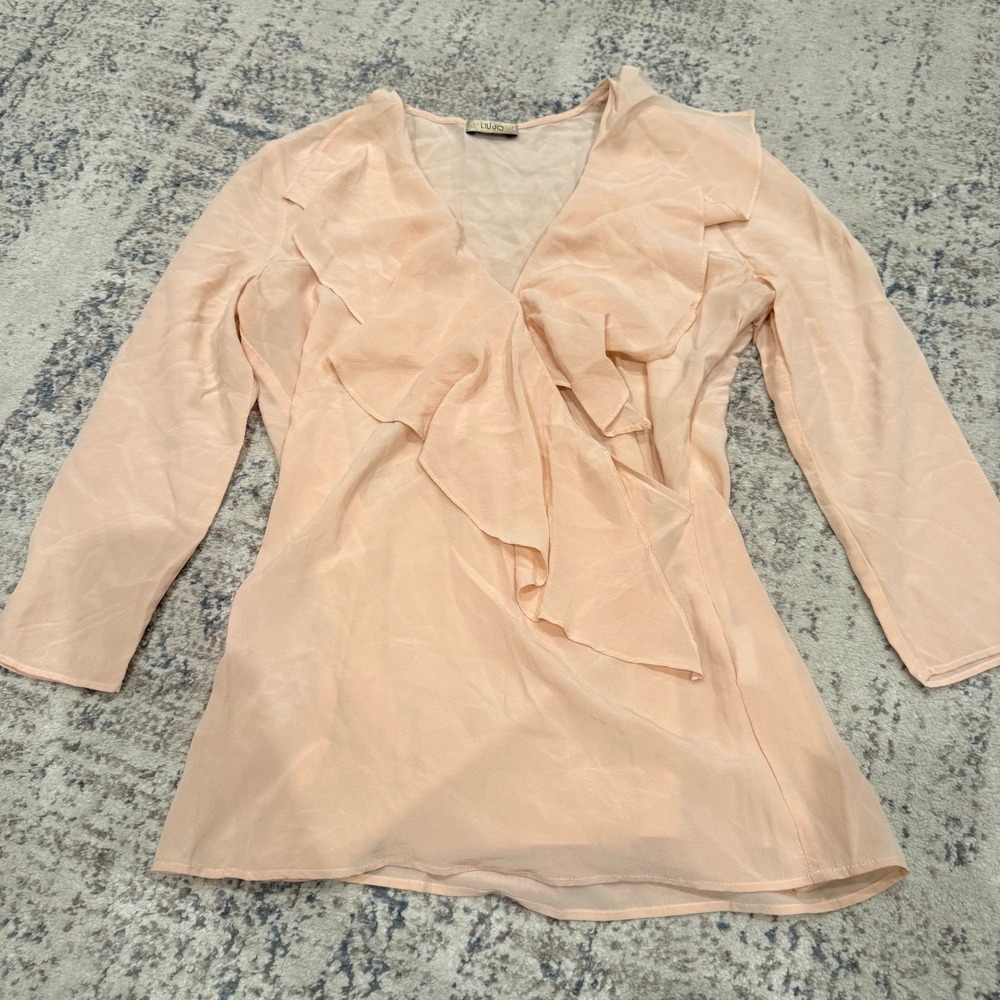 LIU JO Peach Pink Ruffle V-Neck Blouse Long Sleeve Side Zip Sheer Top‎ Womens